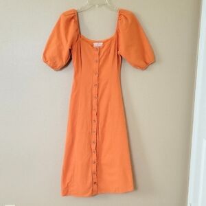Urban Outfitters Womens Orange Tangerine Button Front Puff Sleeve Midi Dress